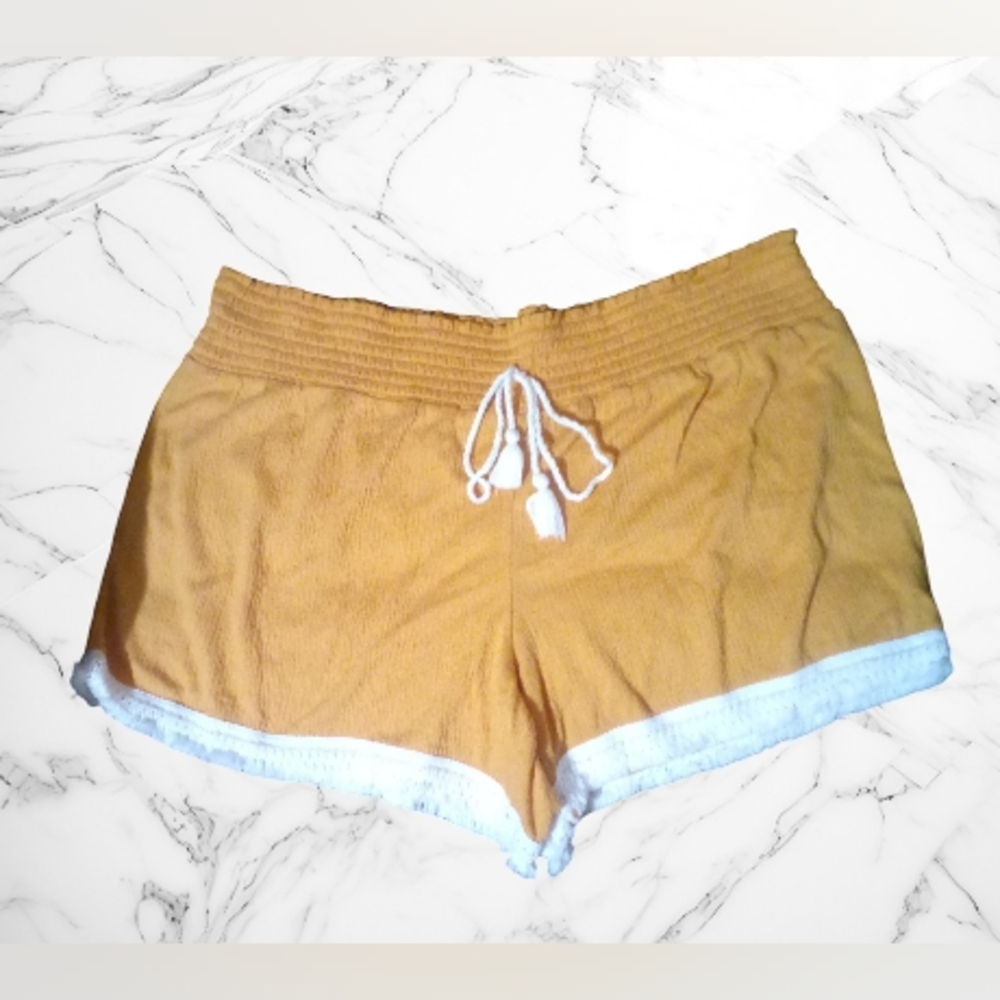 "No Boundaries" Women's Mustard Color Fringed Knit Gauze Shorts